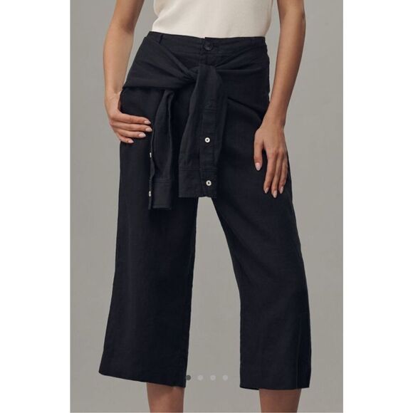 Anthropologie Linen Shirt Tie Capri Pants black size 8‎ NWT - Picture 1 of 13